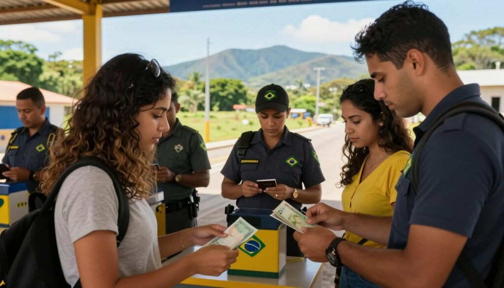 A Brazilian border checkpoint scene depicting travelers preparing for entry. In the foreground, a young couple in modest casual clothing is organizing their travel documents, looking attentive and focused. The middle ground features border control officers in professional attire, examining passports and currency, with Brazilian flags subtly displayed on their uniforms. In the background, the vibrant scenery of the Brazilian landscape is visible, showcasing lush greenery and distant mountains under a clear blue sky. Soft, natural lighting casts a warm glow, enhancing the welcoming yet secure atmosphere of the border control process. The overall mood conveys a sense of readiness and anticipation for travelers embarking on their journey in Brazil.