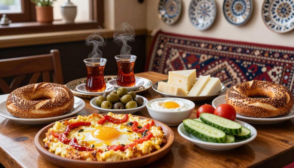 A beautifully arranged Turkish breakfast table featuring an array of traditional "kahvaltı" items. In the foreground, a wooden plate showcases menemen (scrambled eggs with tomatoes and peppers), a selection of olives, fresh cucumbers, and tomatoes. A bowl of yogurt with honey sits alongside crispy simit (sesame-covered bread) and various types of cheeses. The middle ground displays a traditional Turkish tea set with steaming glasses of tea on a decorated tray. In the background, a softly lit café ambiance with warm, inviting colors creates a homey atmosphere, accentuated by a vintage Turkish rug and intricate ceramic plates adorning the walls. The scene is bathed in natural morning light, creating a cozy and inviting mood, perfect for showcasing the essence of a Turkish breakfast experience.