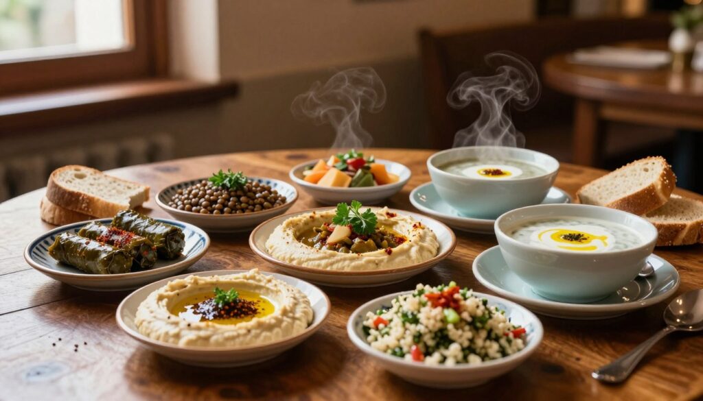 A beautifully arranged Turkish meze spread featuring small plates of colorful appetizers and bowls of soup. In the foreground, an array of vibrant dishes, including hummus, baba ganoush, stuffed grape leaves, and tabbouleh, artfully garnished with fresh herbs and spices. Next to them, steaming bowls of traditional lentil and yogurt soups, topped with a drizzle of olive oil and paprika. The table is adorned with elegant ceramic servingware and fresh bread. In the middle background, a richly textured wooden table and a softly lit dining area enhance the inviting atmosphere. Warm light from a nearby window casts a golden hue on the food, creating a cozy and appetizing mood. A low camera angle captures the details of the food and the inviting setting, evoking a sense of a leisurely feast.