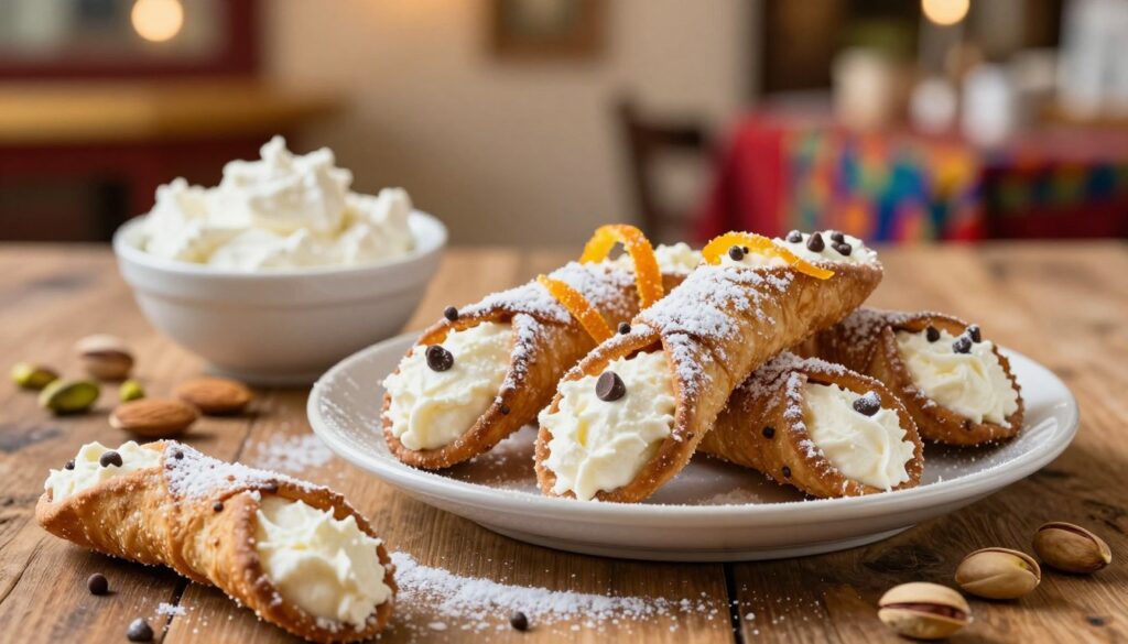 A beautifully arranged plate of cannoli, showcasing the traditional crisp, pastry shells filled generously with creamy ricotta, dusted lightly with powdered sugar and garnished with chocolate chips and candied orange peel. In the foreground, a few cannoli lie elegantly on a rustic wooden table, with a soft focus on their textured surfaces. The middle ground features a small bowl of fresh ricotta cheese, hinting at the key ingredient, surrounded by fine Sicilian ingredients like pistachios and almonds. In the background, soft, warm lighting filters through, evoking a cozy Italian café atmosphere with hints of vibrant Sicilian décor. The mood is inviting and sweet, capturing the essence of Sicilian culinary tradition.
