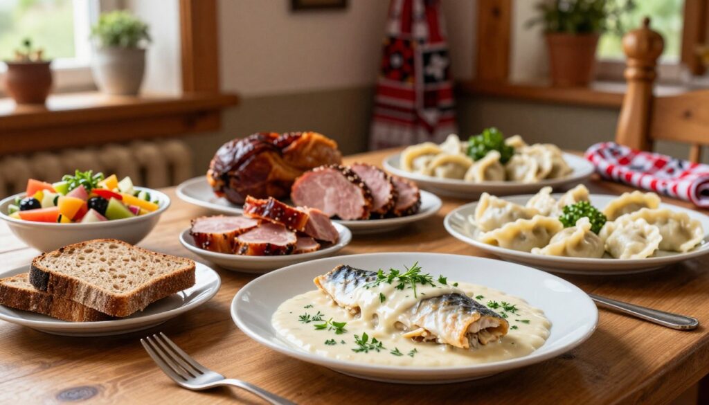 A beautifully arranged table featuring traditional dishes from Warmia and Mazury, showcasing vibrant colors and textures. In the foreground, a classic regional dish like fish in a creamy sauce garnished with fresh herbs, alongside hearty rye bread and a colorful salad. In the middle ground, a selection of local products such as smoked meats, pickled vegetables, and delicious pierogi are elegantly plated. The background highlights a rustic, warmly lit dining setting, with wooden elements and local decor that reflects Polish culture. Soft natural light filters through a nearby window, creating a cozy atmosphere, evoking a sense of warmth and hospitality, perfect for exploring local flavors.