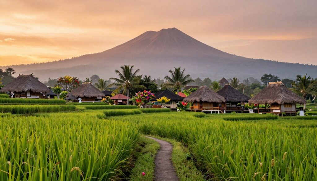A breathtaking view of Bali, Indonesia, captured during the golden hour with warm, soft lighting that enhances the vibrant colors of the scenery. In the foreground, lush green rice paddies stretch over rolling hills, with a narrow pathway inviting viewers to explore. In the middle ground, traditional Balinese cottages with thatched roofs are nestled amidst palm trees and colorful tropical flowers, showcasing the island's unique architectural style. The background features majestic volcanic mountains shrouded in mist, hinting at the island's natural beauty. The sky is painted with hues of orange and pink, reflecting the tranquil and serene atmosphere of Bali. The overall mood is peaceful, inviting, and culturally rich, representing the essence of life on this beautiful island. The composition should be captured using a wide-angle lens to encompass the vast landscape seamlessly.