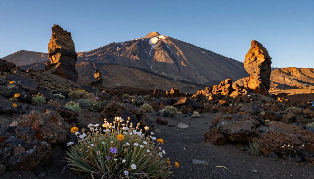 A breathtaking view of Mount Teide, under a clear blue sky, surrounded by rugged volcanic terrain. In the foreground, delicate wildflowers add splashes of color to the rocky ground, while in the middle ground, the majestic Teide rises prominently, its snow-capped peak glistening in the sunlight. Towering black cliffs and other volcanic formations frame the scene, showcasing the island's dramatic topography. The background features a panorama of the surrounding mountains, creating a sense of depth. The lighting is warm and inviting, capturing the golden hour glow, emphasizing the texture of the volcanic rocks. The atmosphere is serene and awe-inspiring, evoking the island's natural beauty and volcanic origins.