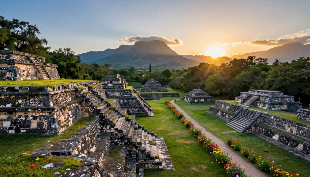 A breathtaking view of ancient Mexican ruins nestled within a lush, vibrant landscape. In the foreground, intricately carved stone structures adorned with moss and vibrant vegetation rise majestically. The middle ground features a winding path lined with colorful wildflowers, leading to a picturesque view of more distant ruins and dense forests. In the background, the sun sets over dramatic mountains under a clear sky, casting a warm golden glow. The atmosphere is serene and mystical, evoking the rich history and culture of Mexico. The lighting is soft and inviting, with a focus on showcasing the textures of the stones. Capture this scene from a slightly elevated angle to emphasize depth and the connection between the ruins and nature.