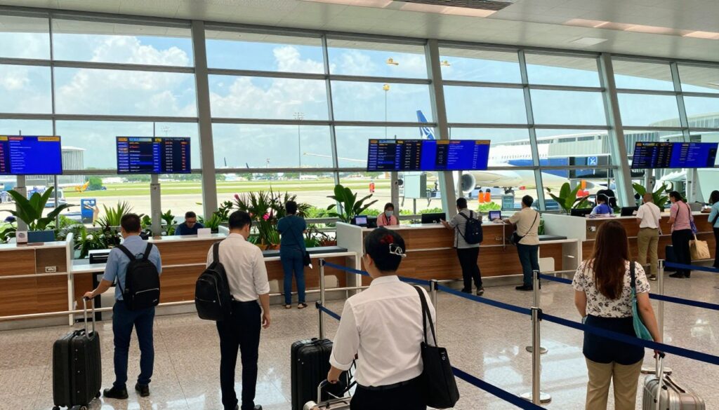 A bustling Thai airport scene showcasing various aspects of travel, with a focus on modern architecture and vibrant design. In the foreground, passengers in professional attire and modest casual clothing are seen checking in and navigating security lines. The middle ground features intricate details of airline counters and passengers eagerly looking at departure screens. In the background, large windows reveal a sunny day, with the silhouette of aircraft on the tarmac, including a Dreamliner, along with lush tropical vegetation outside. Bright, natural lighting illuminates the interior, creating a sense of excitement and anticipation. The atmosphere is lively and dynamic, encapsulating the essence of international travel in Thailand. A bustling Thai airport scene showcasing various aspects of travel, with a focus on modern architecture and vibrant design. In the foreground, passengers in professional attire and modest casual clothing are seen checking in and navigating security lines. The middle ground features intricate details of airline counters and passengers eagerly looking at departure screens. In the background, large windows reveal a sunny day, with the silhouette of aircraft on the tarmac, including a Dreamliner, along with lush tropical vegetation outside. Bright, natural lighting illuminates the interior, creating a sense of excitement and anticipation. The atmosphere is lively and dynamic, encapsulating the essence of international travel in Thailand.
