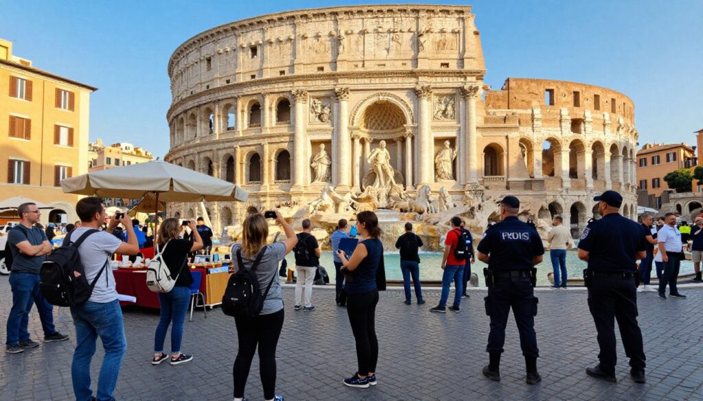 A bustling square in Rome, showcasing high tourist activity near famous landmarks like the Colosseum and Trevi Fountain. In the foreground, a group of tourists dressed in casual, modest clothing are taking photos and enjoying the scenery. The middle section features local street vendors, some with closed umbrellas, hinting at possible pickpocket activity, while a pair of alert security officers in professional attire observe the surroundings. In the background, a bright blue sky cast warm sunlight on the historic architecture, enhancing the lively atmosphere. The image captures a blend of excitement and caution, evoking the charm of Rome alongside the need for awareness of potential risks in crowded areas.