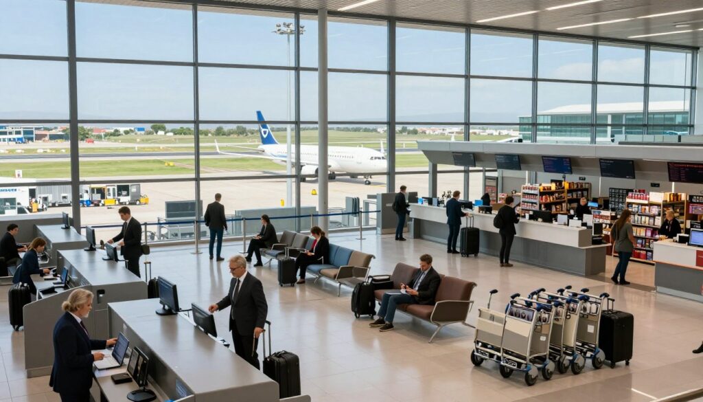 A busy airport scene at Katowice International Airport, showcasing modern architecture with large glass windows and sleek check-in counters in the foreground. In the middle ground, passengers in professional business attire are seen checking in and waiting comfortably in a clean and bright terminal filled with natural light. Baggage carts and duty-free shops add life to the atmosphere, while the background features a lively runway with an airplane preparing for departure, surrounded by lush green landscape. The image should convey a sense of anticipation and travel, with clear blue skies overhead and soft, diffused sunlight illuminating the scene, evoking the excitement of a journey to Fuerteventura.