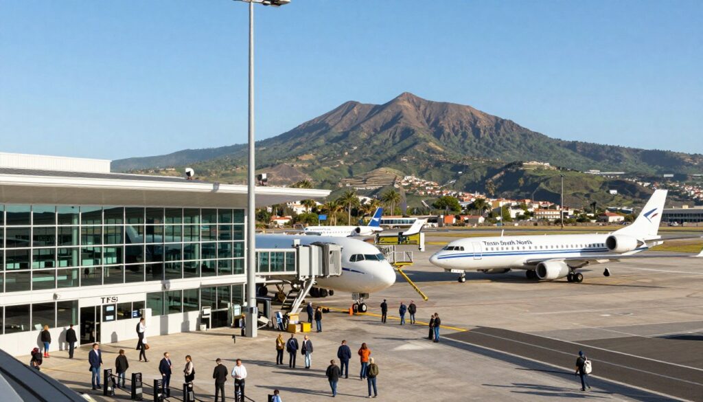 A busy airport scene capturing the essence of Tenerife's two main airports: Tenerife South (TFS) and Tenerife North (TFN). In the foreground, a sleek, modern terminal building with large glass windows reflecting the bright blue skies, bustling with travelers in professional attire and modest casual clothing, checking in and waiting at departure gates. The middle ground features several aircraft, including a large passenger jet and smaller regional planes, serviced by ground crew. In the background, the stunning Tenerife landscape, with volcanic mountains and lush greenery, provides a striking backdrop against the clear horizon. The scene is bathed in warm, natural sunlight, evoking a sense of adventure and anticipation for travelers. Focus on a wide-angle view to capture the scale and vibrancy of the airport environment. A busy airport scene capturing the essence of Tenerife's two main airports: Tenerife South (TFS) and Tenerife North (TFN). In the foreground, a sleek, modern terminal building with large glass windows reflecting the bright blue skies, bustling with travelers in professional attire and modest casual clothing, checking in and waiting at departure gates. The middle ground features several aircraft, including a large passenger jet and smaller regional planes, serviced by ground crew. In the background, the stunning Tenerife landscape, with volcanic mountains and lush greenery, provides a striking backdrop against the clear horizon. The scene is bathed in warm, natural sunlight, evoking a sense of adventure and anticipation for travelers. Focus on a wide-angle view to capture the scale and vibrancy of the airport environment.