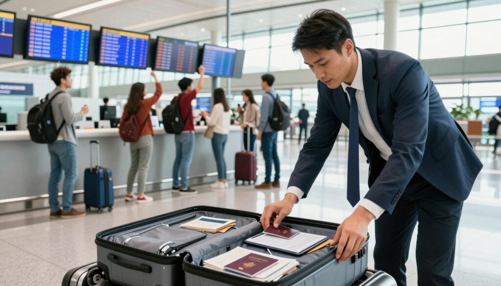 A busy airport scene capturing the preparation before a long flight, focusing on a modern traveler in business attire organizing their luggage. In the foreground, a neatly packed suitcase opens to display travel essentials like a passport, travel documents, and a tablet. In the middle, a diverse group of travelers checks flight information on screens, showing excitement and anticipation. The background features a bright airport terminal with large windows, allowing natural light to flood the space, enhancing the atmosphere of urgency and anticipation. The angle is slightly elevated, providing a comprehensive view of the bustling environment. The mood is vibrant and focused, reflecting the anticipation and excitement surrounding international travel. A busy airport scene capturing the preparation before a long flight, focusing on a modern traveler in business attire organizing their luggage. In the foreground, a neatly packed suitcase opens to display travel essentials like a passport, travel documents, and a tablet. In the middle, a diverse group of travelers checks flight information on screens, showing excitement and anticipation. The background features a bright airport terminal with large windows, allowing natural light to flood the space, enhancing the atmosphere of urgency and anticipation. The angle is slightly elevated, providing a comprehensive view of the bustling environment. The mood is vibrant and focused, reflecting the anticipation and excitement surrounding international travel.