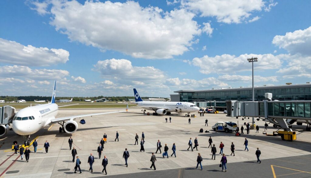 A busy airport scene showcasing a major Polish airport in the foreground, with travelers dressed in professional business attire and modest casual clothing moving towards the terminals. In the middle ground, various airplanes parked at the gates, with some in the process of boarding. The background features a clear blue sky, layered with fluffy white clouds, hinting at the journey ahead to Paris. The lighting is bright and natural, emphasizing the bustling energy of air travel. The angle is slightly elevated, capturing a wide view of the airport layout and the vibrant activity of passengers and staff. The atmosphere is one of excitement and anticipation, reflecting the essence of traveling to Paris.