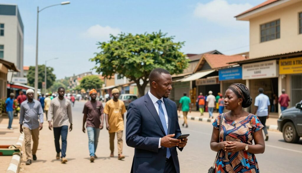 A captivating view of a Nigerian urban landscape, showcasing a busy street with modern buildings and local shops, symbolizing resilience and everyday life. In the foreground, a well-dressed professional man and woman engage in a discussion, embodying a sense of security and collaboration. In the middle ground, diverse groups of people, from various cultures, walk confidently, displaying a vibrant community atmosphere. In the background, a clear blue sky contrasts with the cityscape, while green trees dot the sidewalks, signifying growth and hope. Soft, natural lighting enhances the scene, creating an optimistic mood. The camera angle is slightly elevated, capturing the overall environment while maintaining focus on the human interaction, illustrating the current security situation in Nigeria.