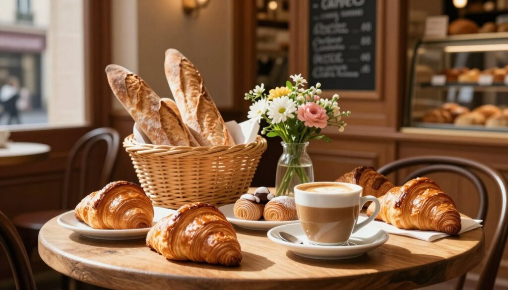 A charming Parisian breakfast scene set in a cozy boulangerie. In the foreground, a wooden table adorned with freshly baked croissants, pain au chocolat, and a delicate cup of café au lait. The golden pastries glisten under soft, natural morning light, casting gentle shadows. In the middle, a rustic display of a bread basket filled with baguettes and a small vase of fresh flowers, enhancing the inviting atmosphere. The background features the boulangerie's warm, wooden interior with a chalkboard menu showcasing daily specials and pastries. The scene captures the essence of a leisurely morning in Paris, exuding warmth and comfort, inviting viewers to indulge in the simple pleasures of life. The mood is relaxed and inviting, illuminated by soft, diffused sunlight streaming through the window.