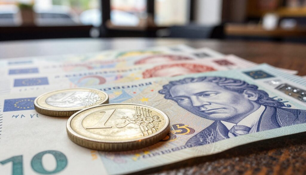 A close-up, detailed shot of a shiny euro coin, resting on a textured surface that resembles Danish currency notes. The foreground features the euro coin highlighted with soft, warm lighting, showcasing its intricate design and metallic sheen. In the middle ground, blurred Danish kroner notes are fanned out, contrasting their colorful, intricate patterns with the euro's simplicity. The background softly fades into a casual café setting, subtly hinting at transactions being made with both currencies. Natural daylight filters through a nearby window, creating a welcoming, vibrant atmosphere. The overall mood conveys a sense of curiosity and financial exchange, ideally suited for an article discussing currency use in Denmark.