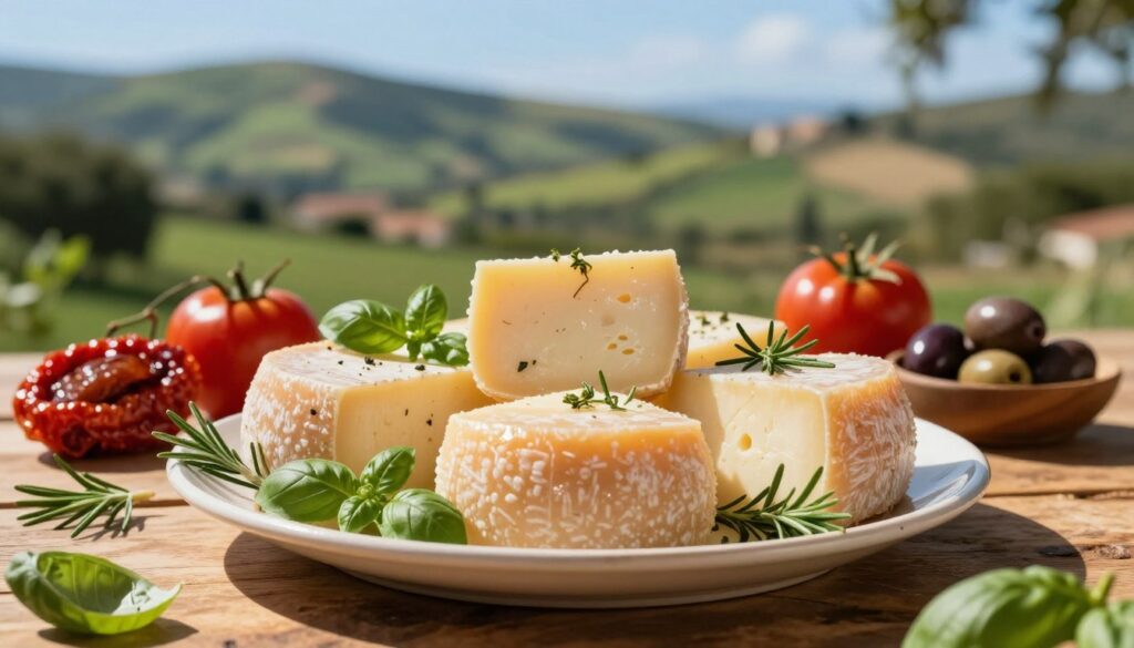 A close-up image showcasing a traditional plate of "ġbejniet ser," the famous Maltese cheese, beautifully presented on a rustic wooden table. In the foreground, several round, creamy, and slightly golden cheeses, adorned with fresh herbs such as basil and rosemary, glisten under natural sunlight. The middle ground features a selection of local Mediterranean ingredients, like sun-dried tomatoes and olives, arranged artfully around the cheese. In the background, a soft-focus view of the picturesque Gozo countryside, with lush green hills and an azure sky, creating a serene atmosphere. The lighting should be warm and inviting, capturing the essence of a sunny Mediterranean day, with an emphasis on the vibrant colors of the local produce.