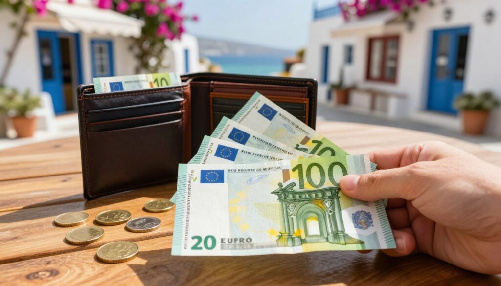 A close-up on a hand holding several euro banknotes, surrounded by a few coins scattered on a wooden table, conveying a sense of financial preparedness. In the middle ground, a stylish wallet is partially open, displaying more euros within. The background features a sunlit Mediterranean street scene with small shops and vibrant flowers, capturing the essence of a Greek island or coastal town. Soft, warm sunlight bathes the scene, creating a welcoming atmosphere. The photograph should be taken from a slightly elevated angle, emphasizing both the cash and the inviting environment, while maintaining a focus on the currency as the centerpiece. This vibrant image should evoke a sense of practicality and readiness for travel in Greece.