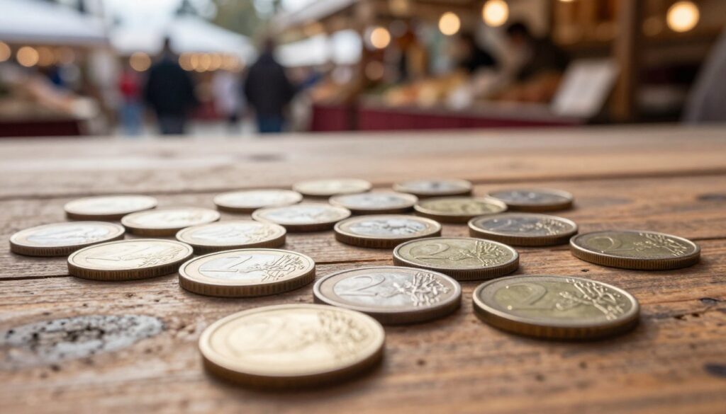 A close-up view of Slovak euro coins laid out on a rustic wooden table. The foreground features a variety of Slovak euro coins, showcasing their unique designs, including both one and two euro coins with intricate details of national symbols and the year of minting. The coins are slightly scattered for an authentic look. In the background, softly blurred, there are hints of a bustling marketplace, evoking the atmosphere of Slovakia. Warm, natural lighting filters through, creating a cozy and inviting ambiance. The angle is slightly tilted, capturing the coins' shiny surfaces and the textures of the wood, emphasizing the blend of tradition and modernity. A close-up view of Slovak euro coins laid out on a rustic wooden table. The foreground features a variety of Slovak euro coins, showcasing their unique designs, including both one and two euro coins with intricate details of national symbols and the year of minting. The coins are slightly scattered for an authentic look. In the background, softly blurred, there are hints of a bustling marketplace, evoking the atmosphere of Slovakia. Warm, natural lighting filters through, creating a cozy and inviting ambiance. The angle is slightly tilted, capturing the coins' shiny surfaces and the textures of the wood, emphasizing the blend of tradition and modernity.