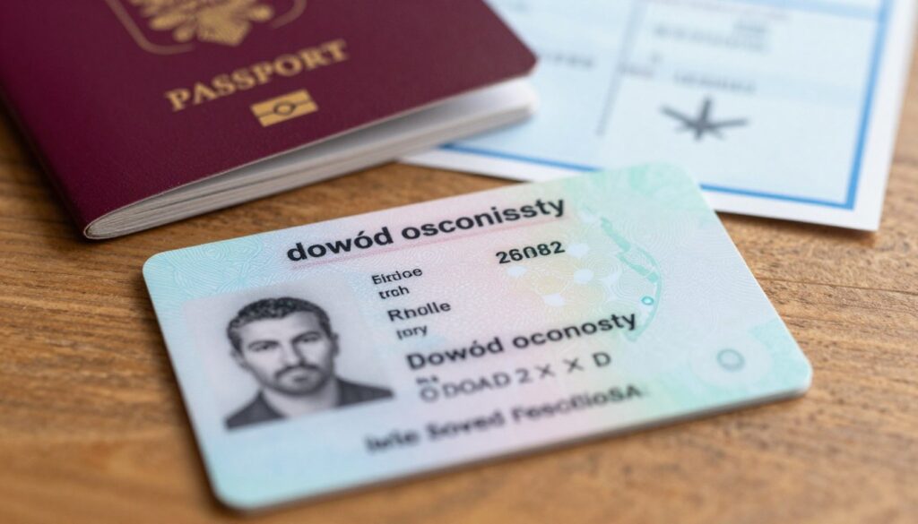 A close-up view of a Polish national identity card ("dowód osobisty") lying on a wooden table, with a soft, diffused light illuminating the card's details, highlighting its text and holographic elements. In the background, a blurred image of a passport and travel documents can be seen, symbolizing international travel. The scene demonstrates a professional setting, suggesting a discussion about travel requirements. The atmosphere is calm and informative, with warm tones that create a welcoming vibe. The image should feature no people, ensuring a focus solely on the identity card and travel documents without any distractions.