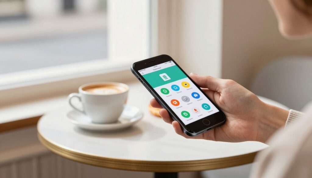 A close-up view of a contactless payment system being used in a modern Danish café. In the foreground, a stylish hand holding a smartphone displays a digital wallet app with bright icons for various payment options. The mid-ground features a sleek, round table with a cup of coffee and a Danish pastry, suggesting a friendly atmosphere. In the background, soft natural light filters through a large window, casting gentle shadows and highlighting the minimalist Scandinavian decor. The setting conveys a sense of ease and sophistication, capturing the convenience of mobile payments in Denmark's vibrant culture. The overall mood is warm and inviting, illustrating the seamless integration of technology in everyday life.