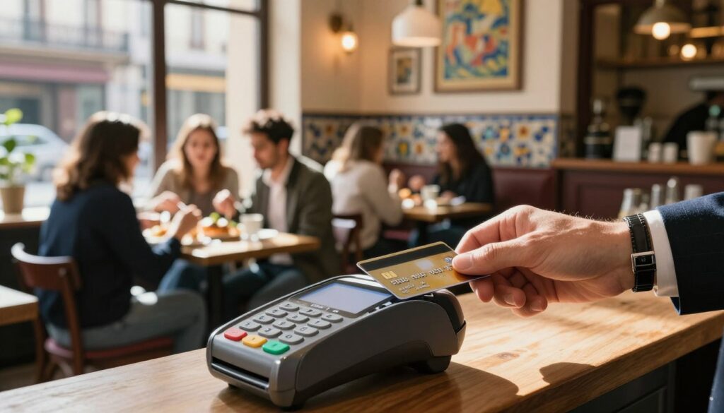 A close-up view of a credit card being swiped at a sleek and modern payment terminal in a bustling Spanish cafe. In the foreground, the hand of a well-dressed individual gracefully holds the card, showcasing a stylish watch. In the middle ground, a diverse group of customers seated at small tables enjoys their meals, with warm sunlight filtering through large windows, casting a pleasant glow over the scene. The background features traditional Spanish decor, including vibrant tiles and art, enhancing the Mediterranean atmosphere. Soft, ambient lighting creates an inviting mood, while a blurred city street can be seen outside, suggesting a lively urban environment. The image conveys a sense of convenience and modernity in payment methods in Spain, without any text or distractions. A close-up view of a credit card being swiped at a sleek and modern payment terminal in a bustling Spanish cafe. In the foreground, the hand of a well-dressed individual gracefully holds the card, showcasing a stylish watch. In the middle ground, a diverse group of customers seated at small tables enjoys their meals, with warm sunlight filtering through large windows, casting a pleasant glow over the scene. The background features traditional Spanish decor, including vibrant tiles and art, enhancing the Mediterranean atmosphere. Soft, ambient lighting creates an inviting mood, while a blurred city street can be seen outside, suggesting a lively urban environment. The image conveys a sense of convenience and modernity in payment methods in Spain, without any text or distractions.