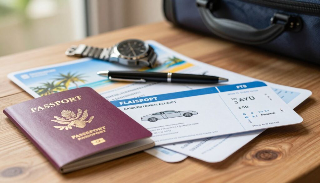A close-up view of a neatly arranged collection of travel documents, including a passport, flight tickets, and car rental confirmation, placed on a wooden table. In the foreground, the passport is partially open, revealing its cover, while the other documents are stacked beside it. The middle layer features a stylish, modern watch and a pen, creating a professional atmosphere. The background shows a blurred image of a travel bag and a tropical scene, hinting at a vacation destination. The lighting is warm and inviting, suggesting a sunny day, highlighting the textures of the various paper materials. The mood is organized and focused, emphasizing the importance of having the right documents while traveling. A close-up view of a neatly arranged collection of travel documents, including a passport, flight tickets, and car rental confirmation, placed on a wooden table. In the foreground, the passport is partially open, revealing its cover, while the other documents are stacked beside it. The middle layer features a stylish, modern watch and a pen, creating a professional atmosphere. The background shows a blurred image of a travel bag and a tropical scene, hinting at a vacation destination. The lighting is warm and inviting, suggesting a sunny day, highlighting the textures of the various paper materials. The mood is organized and focused, emphasizing the importance of having the right documents while traveling.