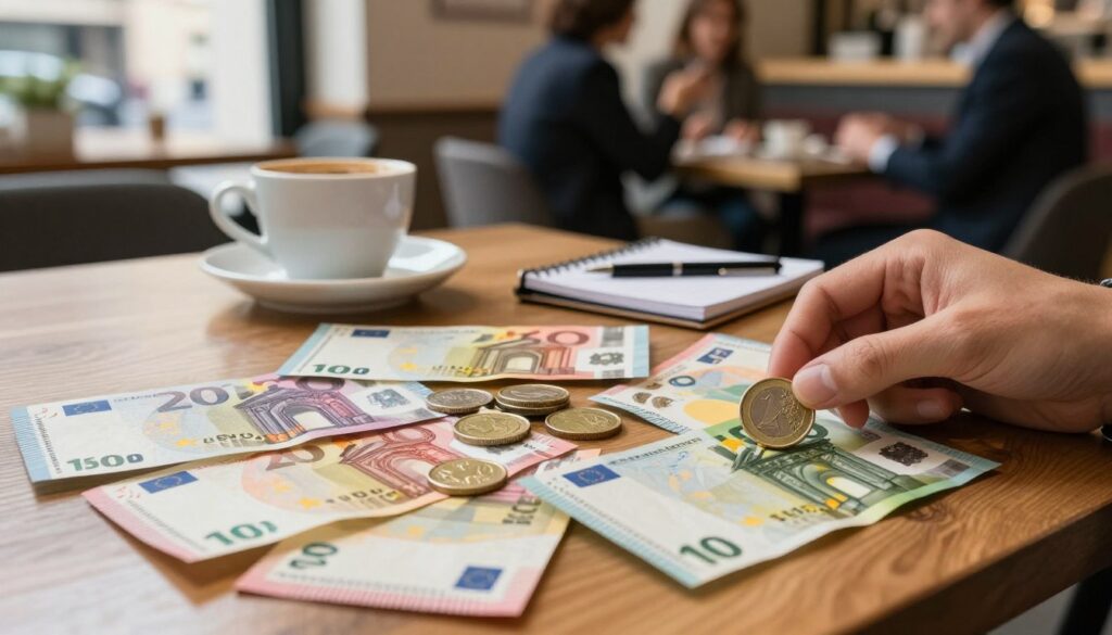 A close-up view of a polished wooden table showcasing various euro banknotes and coins spread out artfully. In the foreground, an elegant hand is placing a shiny euro coin, adding to the display. The middle section features a stylish coffee cup and a small notepad with a pen, suggesting a casual yet professional atmosphere. In the background, a blurred out café setting reveals people engaging in conversation, dressed in professional attire, emphasizing a lively social scene. Soft natural lighting filters through a nearby window, casting gentle shadows and highlighting the vibrant colors of the currency, evoking a warm and inviting mood. The overall composition radiates an atmosphere of financial exchange and everyday transactions in Spain. A close-up view of a polished wooden table showcasing various euro banknotes and coins spread out artfully. In the foreground, an elegant hand is placing a shiny euro coin, adding to the display. The middle section features a stylish coffee cup and a small notepad with a pen, suggesting a casual yet professional atmosphere. In the background, a blurred out café setting reveals people engaging in conversation, dressed in professional attire, emphasizing a lively social scene. Soft natural lighting filters through a nearby window, casting gentle shadows and highlighting the vibrant colors of the currency, evoking a warm and inviting mood. The overall composition radiates an atmosphere of financial exchange and everyday transactions in Spain.