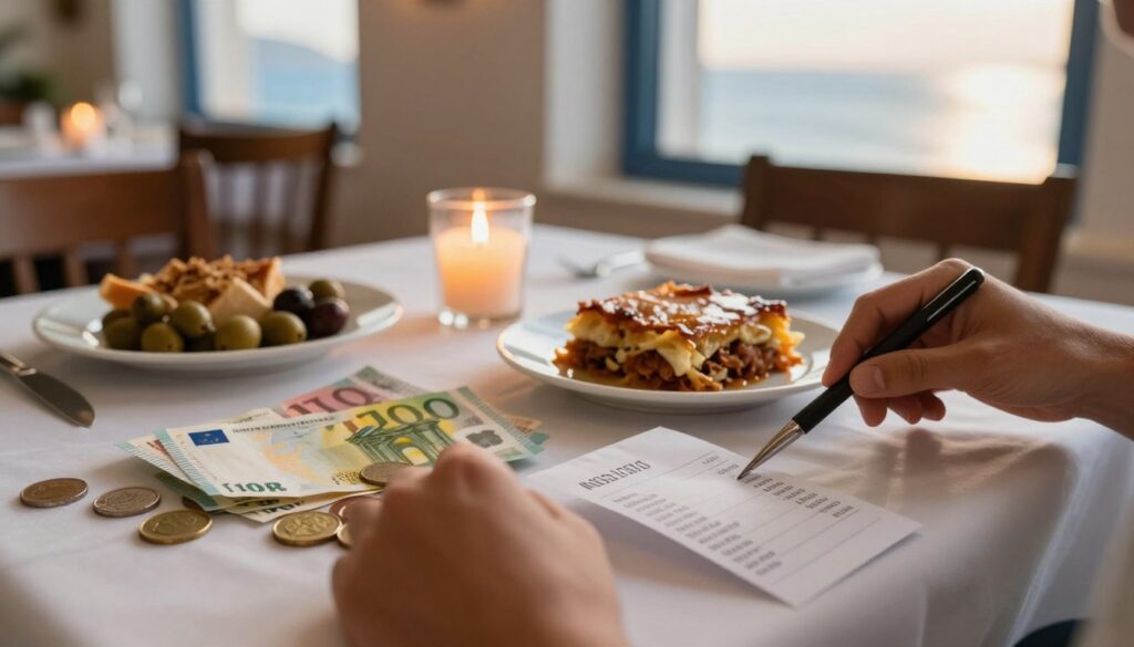 A close-up view of an elegant dining table setting in a Greek restaurant, showcasing euro banknotes and coins artfully arranged beside a plate of traditional Greek food, such as moussaka or fresh olives. In the foreground, a hand gracefully grips a pen with a receipt, suggesting a recent dining experience. The middle ground features a softly lit candle casting a warm glow, enhancing the inviting atmosphere. In the background, a glimpse of the Mediterranean Sea is visible through an open window, with gentle sunlight streaming in. The overall mood is relaxed and welcoming, evoking the charm of dining in Greece. The composition focuses on creating a sense of cultural appreciation and thoughtful service.