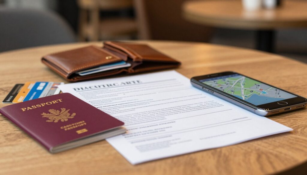 A close-up view of various important documents spread across a wooden table, symbolizing safety and precaution in travel. In the foreground, neatly organized items include a passport, credit cards, travel insurance papers, and a mobile phone displaying a map. The middle ground features a soft leather wallet, partially open to reveal more cards. In the background, a blurred café setting in Belgrade with warm lighting and soft focus creates an inviting atmosphere. The image should convey a sense of vigilance, security, and preparedness, with natural light highlighting the textures of the documents and the wallet. Ensure the scene is calm and professional, suitable for a travel-related article.