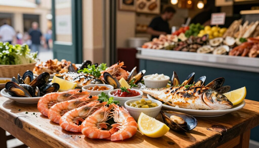 A colorful display of fresh seafood on a rustic wooden table, featuring an assortment of Sicilian delicacies such as vibrant prawns, glistening mussels, and expertly grilled fish. The foreground presents a close-up of a beautifully arranged seafood platter garnished with fresh herbs, lemon wedges, and small bowls of rich sauces. In the middle, sunlight streams through a nearby café window, casting soft, warm light that highlights the textures of the seafood and brings out their natural colors. In the background, a bustling Sicilian market scene unfolds, with stalls displaying additional seafood and local produce, creating a lively, inviting atmosphere. Capture this with a shallow depth of field to enhance the focus on the seafood.