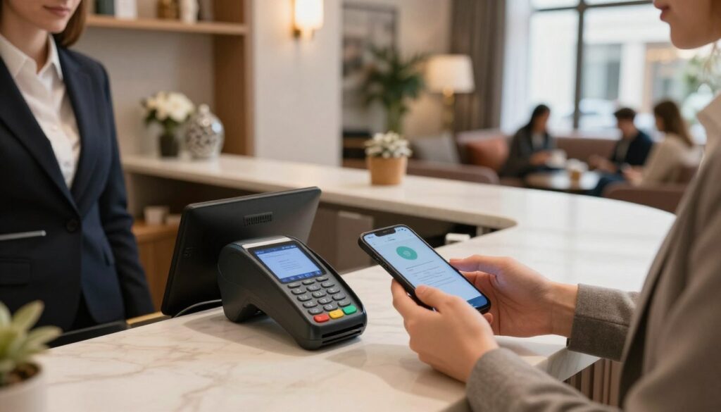 A cozy hotel lobby in Slovenia, showcasing a modern card payment terminal on the reception counter, surrounded by staff dressed in professional attire. In the foreground, a close-up of a guest using a smartphone to make a payment, reflecting ease and convenience. The middle ground features a stylish reception desk with elegant decor and soft lighting, evoking a warm and welcoming atmosphere. In the background, glimpses of other guests enjoying their stay, perhaps sipping coffee in a comfortable lounge area. Natural light filters through large windows, illuminating the neutral-toned interior and highlighting the technology that facilitates cashless payments. The overall mood is inviting, contemporary, and practical, capturing the essence of modern payment methods in Slovenian hotels.