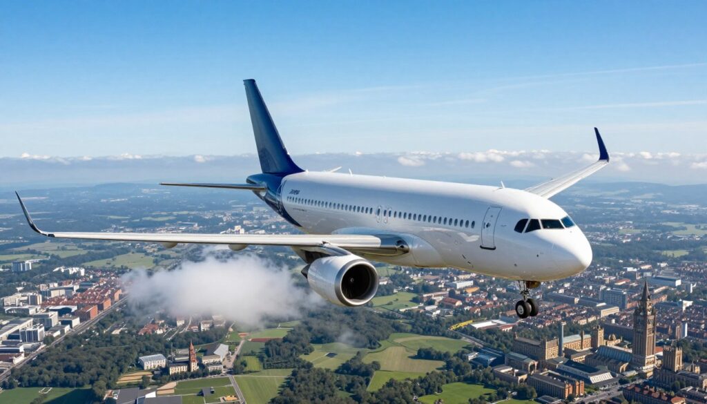 A detailed aerial view of a passenger airplane soaring through a clear blue sky, symbolizing the flight from Warsaw to London. The foreground features the sleek, modern airliner, with distinct airline branding, cruising at a high altitude. In the middle ground, fluffy white clouds provide a sense of height and freedom, while below, the lush green landscape of Europe fades into urban cityscapes representing both cities, Warsaw on one side and London on the other. The background showcases an expansive horizon, blending blue sky and distant fading mountains. The lighting is bright and optimistic, capturing the essence of travel. The mood is uplifting and adventurous, evoking the feeling of anticipation for the journey ahead. No text or watermarks are present. A detailed aerial view of a passenger airplane soaring through a clear blue sky, symbolizing the flight from Warsaw to London. The foreground features the sleek, modern airliner, with distinct airline branding, cruising at a high altitude. In the middle ground, fluffy white clouds provide a sense of height and freedom, while below, the lush green landscape of Europe fades into urban cityscapes representing both cities, Warsaw on one side and London on the other. The background showcases an expansive horizon, blending blue sky and distant fading mountains. The lighting is bright and optimistic, capturing the essence of travel. The mood is uplifting and adventurous, evoking the feeling of anticipation for the journey ahead. No text or watermarks are present.