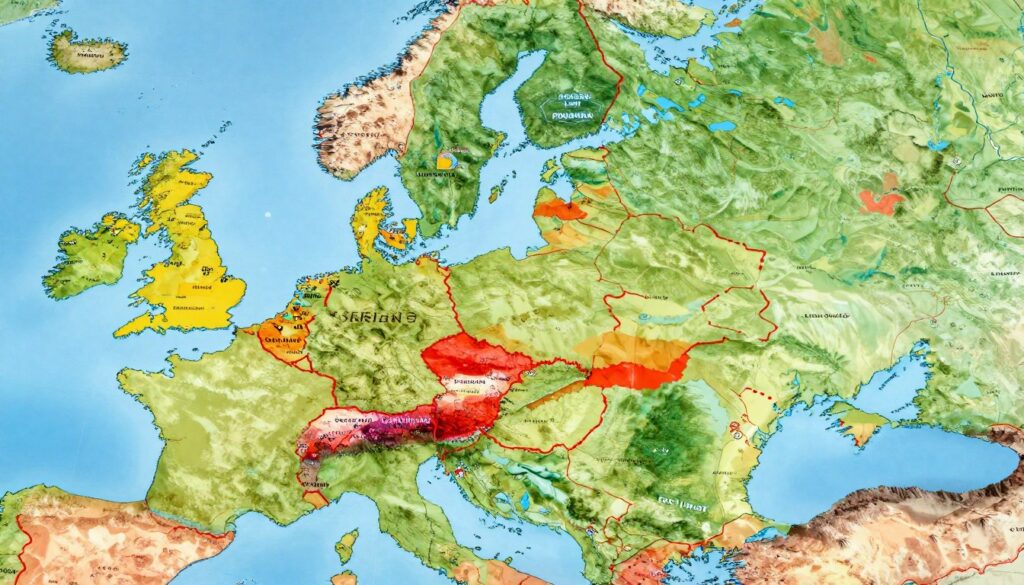 A detailed and colorful map of Russia's borders with its neighboring countries in Europe. In the foreground, focus on Russia, with highlighted borders in vivid red and clear demarcations showing land and maritime boundaries. In the middle ground, incorporate the adjacent countries like Finland, Estonia, Latvia, Lithuania, Poland, and Ukraine, each with distinct colors to differentiate them. The background showcases a subtle geographical landscape, including mountains and rivers, giving a sense of the terrain. Utilize natural lighting to enhance the map's features, with a slight 3D perspective for depth. The mood should be informative and engaging, ideal for educational purposes, ensuring clarity and detail without clutter. No text, captions, or signatures are included in the image.