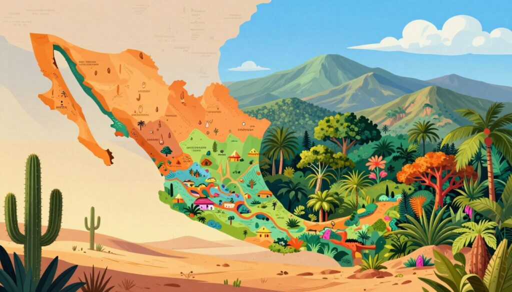 A detailed and vibrant illustration of the climate zones of Mexico, showcasing a diverse landscape that includes arid deserts, lush tropical areas, and temperate forests. In the foreground, depict a sun-drenched desert with cacti, transitioning into a vibrant jungle with rich greenery and colorful flowers in the middle ground. The background should feature rolling mountains, blending into a bright blue sky with a few fluffy clouds. The lighting should be warm and inviting, simulating a sunny day, with shadows enhancing the textures of the terrain. This image should evoke a sense of harmony and diversity in Mexico’s climate, highlighting the dynamic weather patterns experienced throughout the year without any text or distractions.