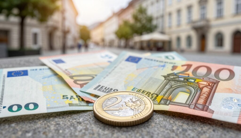 A detailed depiction of the euro, prominently featuring a fresh 2002 euro coin and a handful of euro banknotes in various denominations. The foreground should show the coin glistening under soft, natural light, with intricate designs clearly visible. In the middle of the image, arrange the banknotes in a semi-circle around the coin, showcasing the colorful artwork of the euro bills. The background should feature a blurred scene of a beautiful Austrian city street, hinting at local architecture and culture, with warm sunlight filtering through the trees. The overall mood should evoke a sense of travel and discovery, illustrating the transition from the schilling to the euro in Austria. Use a shallow depth of field to emphasize the currency in the foreground while maintaining some atmospheric context in the background.