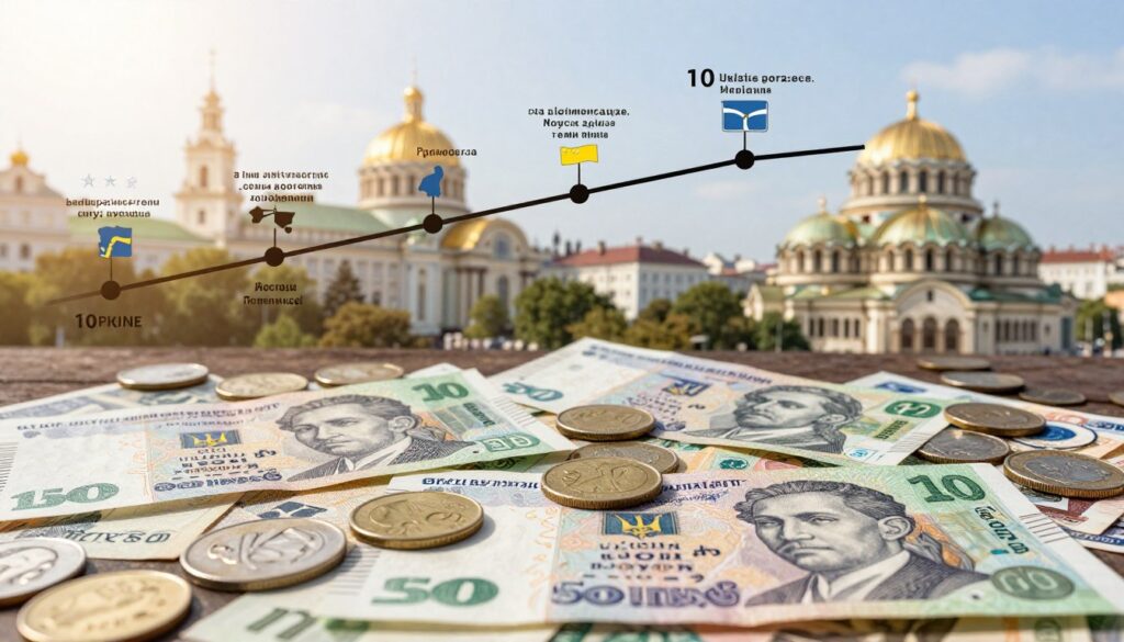A detailed illustration depicting the evolution of the Ukrainian hryvnia. In the foreground, a collection of historical currency notes and coins from different eras, showcasing various designs and colors, some worn and others crisp. The middle ground features a timeline chart with symbolic representations of key economic events in Ukraine's history, set against a softly blurred backdrop of Kyiv's iconic landmarks, like St. Sophia's Cathedral. The scene is bathed in warm, natural light, creating an inviting yet informative atmosphere. Use a moderately wide-angle lens to capture the details of the currency while maintaining focus on the timeline elements, symbolizing the rich financial history of Ukraine. A detailed illustration depicting the evolution of the Ukrainian hryvnia. In the foreground, a collection of historical currency notes and coins from different eras, showcasing various designs and colors, some worn and others crisp. The middle ground features a timeline chart with symbolic representations of key economic events in Ukraine's history, set against a softly blurred backdrop of Kyiv's iconic landmarks, like St. Sophia's Cathedral. The scene is bathed in warm, natural light, creating an inviting yet informative atmosphere. Use a moderately wide-angle lens to capture the details of the currency while maintaining focus on the timeline elements, symbolizing the rich financial history of Ukraine.