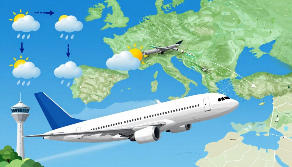 A detailed infographic illustrating the various factors affecting flight duration to Rome. In the foreground, include a stylized airplane flying in a clear blue sky, with arrows pointing to elements like weather icons, air traffic control towers, and geographical maps. In the middle ground, illustrate clouds with different conditions, such as rain or sunshine, along with icons representing various airports. In the background, depict a landscape of continents with dotted lines showing flight paths, emphasizing distance. The scene should be bright and visually engaging, capturing a sense of motion and travel. Use a high-contrast color palette and soft shadows for depth, creating a professional yet inviting atmosphere suited for an informative article. A detailed infographic illustrating the various factors affecting flight duration to Rome. In the foreground, include a stylized airplane flying in a clear blue sky, with arrows pointing to elements like weather icons, air traffic control towers, and geographical maps. In the middle ground, illustrate clouds with different conditions, such as rain or sunshine, along with icons representing various airports. In the background, depict a landscape of continents with dotted lines showing flight paths, emphasizing distance. The scene should be bright and visually engaging, capturing a sense of motion and travel. Use a high-contrast color palette and soft shadows for depth, creating a professional yet inviting atmosphere suited for an informative article.