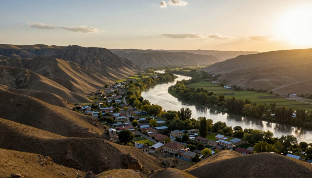 A detailed landscape showcasing the border regions of Turkey in Asia, highlighting the countries that share its borders, such as Armenia, Azerbaijan, and Iran. In the foreground, a panoramic view of the rugged mountains and rolling hills, with traditional architecture or modest villages symbolizing the rich culture. In the middle ground, a winding river reflects the bright sunlight, flanked by lush greenery and fields. In the background, an expansive sky during the golden hour, casting warm, soft light over the landscape, creating a peaceful yet dynamic atmosphere. The composition should evoke a sense of connection between neighboring nations, with the natural beauty of the region harmonizing with human settlements, all captured in a cinematic angle with a wide lens.