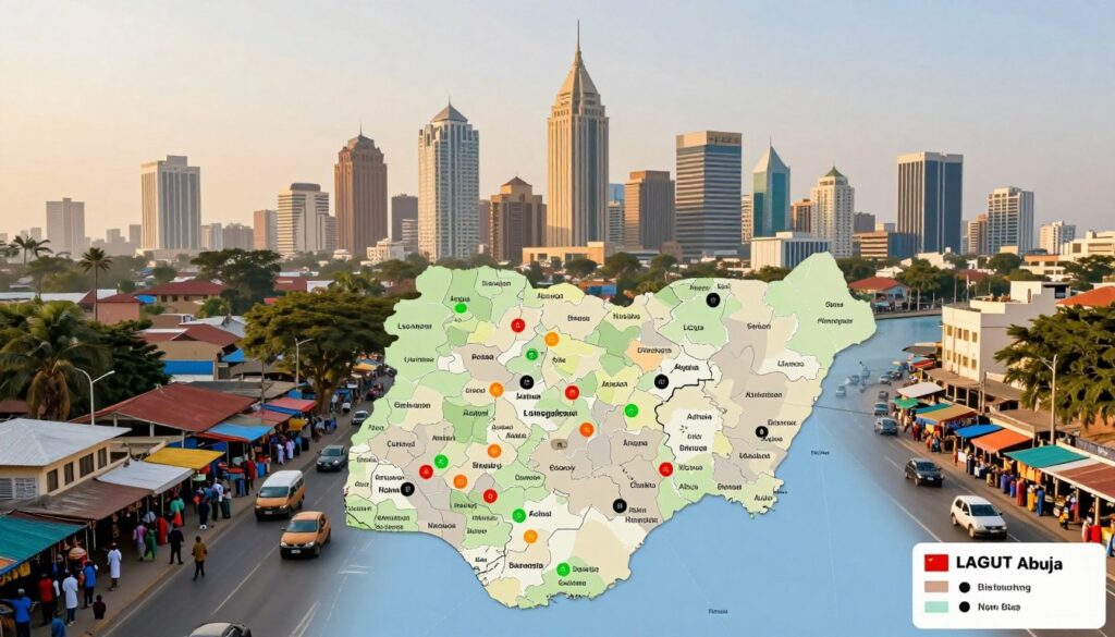 A detailed map illustrating the security levels of urban areas in Nigeria, focusing on regions like Lagos and Abuja. In the foreground, display a close-up of the map, highlighting key cities marked with color-coded risk indicators. Surrounding the map, include subtle visuals of bustling Nigerian streets—a blend of modern architecture and traditional elements, showcasing vibrant markets and transport hubs. In the background, portray a skyline of Lagos with its iconic buildings under a soft, golden sunlight, reflecting a sense of urban life. The overall mood should be informative yet inviting, capturing a balance between the vibrancy of Nigerian culture and the importance of safety-awareness for travelers. Ensure clarity and professionalism in the layout, devoid of any text or distractions.