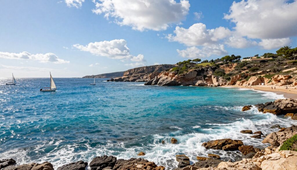 A detailed maritime scene illustrating the marine borders of Spain, featuring the Mediterranean Sea and the Atlantic Ocean. In the foreground, vibrant waves gently lapping at a rocky shoreline, with small boats scattered on the water, their sails catching the sun. The middle ground showcases a vivid blue ocean, contrasting with the rugged cliffs and sandy beaches, while hints of lush greenery are interspersed along the coast. In the background, a clear sky filled with fluffy white clouds, sunlight glimmering over the horizon. The overall mood is tranquil and inviting, capturing the beauty of Spain’s marine borders. The image is to be taken from a slightly elevated angle, emphasizing the coastline and the interplay of water and land, evoking a sense of exploration and wonder at Spain's aquatic landscapes.