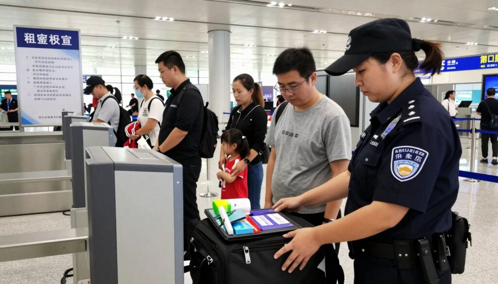 A detailed scene at an airport security checkpoint, illustrating the measures taken for public safety. In the foreground, a diligent security officer in professional attire inspects a traveler’s bag with an X-ray machine, showing various personal items like a laptop and toiletries. The middle ground features travelers patiently forming a line, wearing smart casual clothing, and a family with children waiting near a sign indicating security procedures. In the background, signage displays clear instructions and guidelines. The lighting is bright and clinical, conveying a sense of order and vigilance, while the angle captures the bustling activity of the checkpoint, reflecting a vigilant atmosphere focused on safety and security.