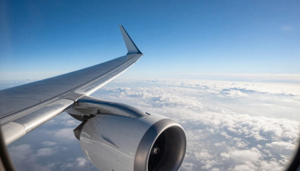 A detailed view of an airplane cruising at high altitude, featuring a sleek, modern design with metallic fuselage reflecting sunlight. In the foreground, showcase the aircraft's wing with a slight upward angle, emphasizing the aerodynamic shape and the engine mounted below it. The middle layer captures a breathtaking view of fluffy white clouds scattered below, creating a serene and tranquil atmosphere. In the background, a vivid blue sky stretches infinitely with a gradient of lighter shades near the horizon, suggesting a peaceful flight towards a sunny destination. The image should convey a sense of adventure and technical efficiency, illuminated by soft, natural daylight. No people are present in the scene, allowing the focus to remain on the airplane against the beautiful backdrop of the sky.