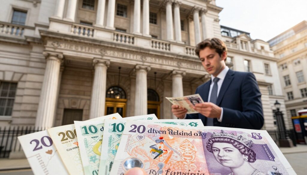 A detailed view of the Bank of England, showcasing its iconic architecture with large stone columns and intricate carvings. In the foreground, display a collection of British banknotes, highlighting their vibrant colors and distinct designs, including the Queen’s portrait and security features. In the middle ground, depict a professional-looking individual dressed in business attire, examining the banknotes with interest. The background should feature the grand entrance of the Bank of England, bathed in warm, natural light, creating an inviting atmosphere. Use a slightly low angle to emphasize the building's height and grandeur, while soft focus on the banknotes enhances their details. Aim for a sophisticated and educational mood, perfect for illustrating the subject matter.