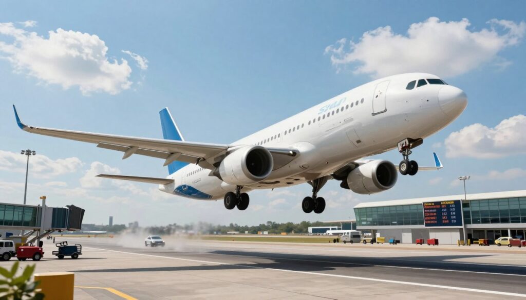 A dynamic airport scene illustrating the concept of travel time. In the foreground, a polished airplane is taking off, its wheels just lifting off the runway, symbolizing the start of a journey. The middle ground features an animated mix of airport elements, including luggage trolleys and boarding gates, with illustrative flight boards displaying various destinations and statuses. The background showcases a bright blue sky dotted with fluffy white clouds, hinting at changing weather conditions that impact flight times. The composition is captured with a slight upward angle, emphasizing the airplane's ascent, and soft lighting to create an optimistic mood. Overall, the image conveys the multifaceted aspects of travel time, including takeoff, landing, taxiing, and weather. A dynamic airport scene illustrating the concept of travel time. In the foreground, a polished airplane is taking off, its wheels just lifting off the runway, symbolizing the start of a journey. The middle ground features an animated mix of airport elements, including luggage trolleys and boarding gates, with illustrative flight boards displaying various destinations and statuses. The background showcases a bright blue sky dotted with fluffy white clouds, hinting at changing weather conditions that impact flight times. The composition is captured with a slight upward angle, emphasizing the airplane's ascent, and soft lighting to create an optimistic mood. Overall, the image conveys the multifaceted aspects of travel time, including takeoff, landing, taxiing, and weather.