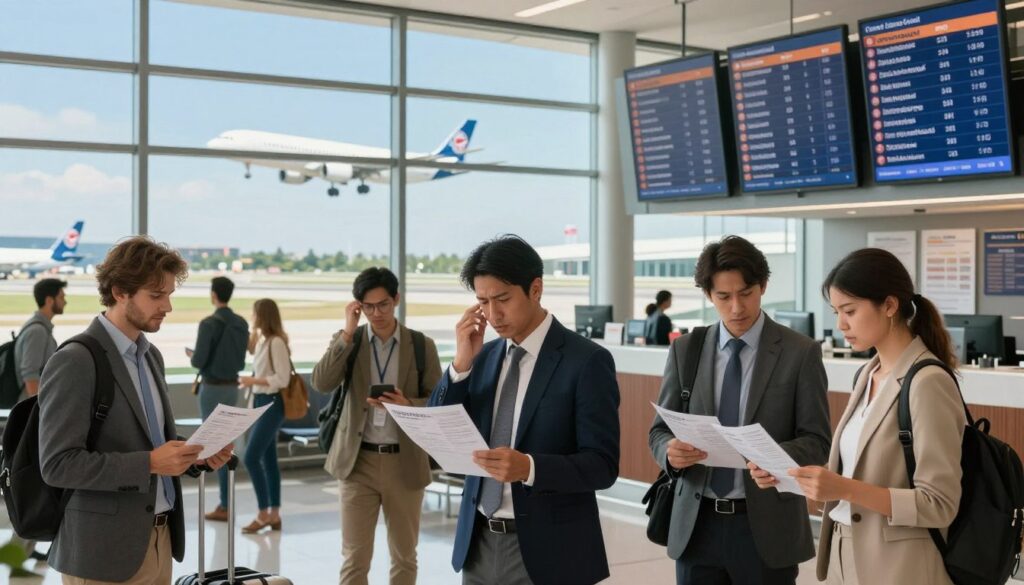 A dynamic scene depicting an airport lounge with travelers transiting between flights, illustrating the concept of connecting flights. In the foreground, a diverse group of travelers in professional attire is examining flight boards and discussing itineraries, showcasing a mix of anticipation and mild frustration. In the middle ground, a large window reveals a bustling runway with aircraft taking off and landing under a clear blue sky, emphasizing the travel theme. The background features airline posters and information desks, enhancing the airport setting. The lighting is bright and natural, creating an atmosphere of energetic movement and excitement. The composition should capture the essence of travel logistics, focusing on the emotional experience of connections and delays without any text or captions. A dynamic scene depicting an airport lounge with travelers transiting between flights, illustrating the concept of connecting flights. In the foreground, a diverse group of travelers in professional attire is examining flight boards and discussing itineraries, showcasing a mix of anticipation and mild frustration. In the middle ground, a large window reveals a bustling runway with aircraft taking off and landing under a clear blue sky, emphasizing the travel theme. The background features airline posters and information desks, enhancing the airport setting. The lighting is bright and natural, creating an atmosphere of energetic movement and excitement. The composition should capture the essence of travel logistics, focusing on the emotional experience of connections and delays without any text or captions.