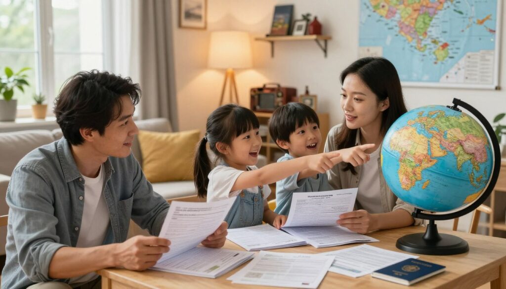 A family preparing for travel in a cozy living room, showcasing a father and mother sitting at a table cluttered with important travel documents for their children, including passports and IDs. In the foreground, the parents are reviewing their documents with focused expressions. In the middle, a playful young girl and boy are nearby, pointing at a globe that illustrates Denmark, conveying excitement about their trip. The background features a soft, warm light filtering through a window, bringing a welcoming atmosphere. The room has travel souvenirs and a map of Denmark on the wall, enhancing the theme of travel. The scene feels organized yet lively, capturing the anticipation of a family adventure.