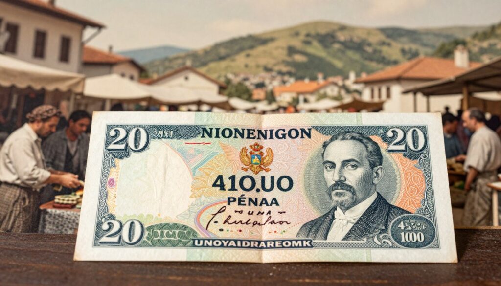 A historical setting showcasing a perper banknote from May 4, 1909, prominently displayed in the foreground, elegantly illuminated under warm, soft lighting. The banknote should feature intricate designs and vibrant colors typical of early 20th-century currency, perhaps with classic Montenegrin motifs. In the middle ground, include subtle reflections of a traditional market scene capturing people in modest casual clothing exchanging currency, hinting at economic activity. In the background, depict a blurred, vintage-style interpretation of Montenegro’s landscape, with rolling hills and traditional architecture. The overall mood should convey a sense of nostalgia and historical significance, with a focus on the evolution of currency from perper to euro, inviting viewers to reflect on the progression of Montenegro's financial history.