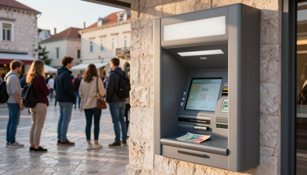 A modern ATM dispensing euros in Montenegro, prominently situated in an urban setting. In the foreground, the ATM is sleek with a digital screen displaying various currency options. The middle ground features a bustling street scene with people dressed in smart casual clothing, some waiting in line to use the machine. In the background, charming Montenegrin architecture, with warm, late afternoon sunlight casting soft shadows on the cobblestone streets. The atmosphere is busy yet inviting, showcasing the convenience of accessing euros while traveling. The composition captures an inviting and professional ambiance, ideal for illustrating financial accessibility in a foreign country. The scene should be well-lit to emphasize clarity and usability of the ATM without any text overlays or distractions.