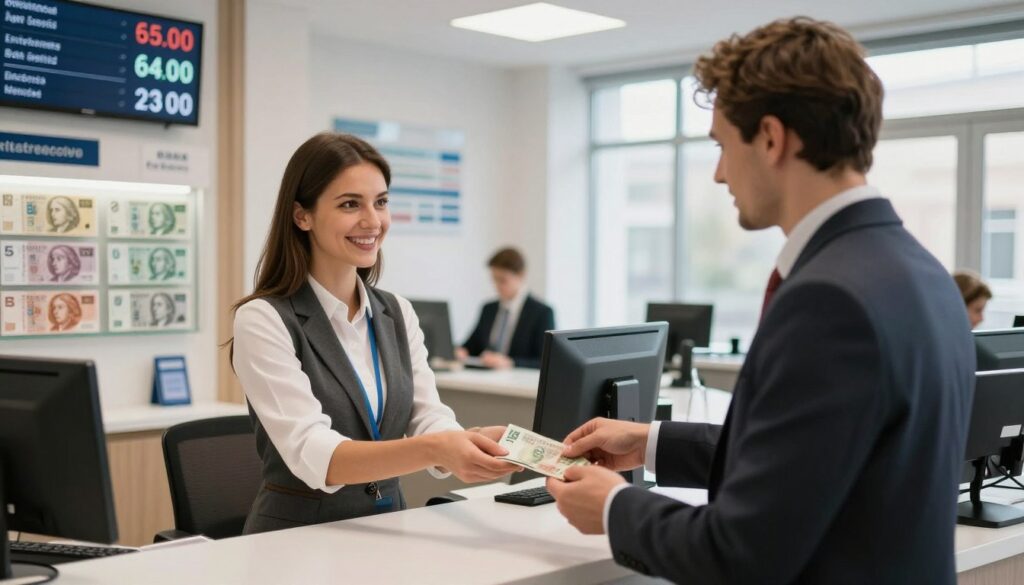 A modern Polish currency exchange office interior with a sleek, professional design. In the foreground, a friendly bank clerk in business attire is assisting a customer at the counter, exchanging cash. The middle ground features a display of various currencies and signs indicating the exchange rates. In the background, large windows let in natural light, illuminating the clean lines of the office with a glossy finish. The atmosphere is bustling yet organized, conveying a sense of efficiency and professionalism. Focus on warm lighting that creates an inviting environment, with a slight depth of field to emphasize the interaction between the clerk and the customer. The scene captures the essence of money exchange in Poland, showcasing a contemporary and welcoming setting. A modern Polish currency exchange office interior with a sleek, professional design. In the foreground, a friendly bank clerk in business attire is assisting a customer at the counter, exchanging cash. The middle ground features a display of various currencies and signs indicating the exchange rates. In the background, large windows let in natural light, illuminating the clean lines of the office with a glossy finish. The atmosphere is bustling yet organized, conveying a sense of efficiency and professionalism. Focus on warm lighting that creates an inviting environment, with a slight depth of field to emphasize the interaction between the clerk and the customer. The scene captures the essence of money exchange in Poland, showcasing a contemporary and welcoming setting.