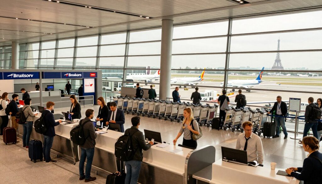 A modern airport terminal bustling with activity, showcasing various airline counters featuring distinct logos of major airlines. In the foreground, a diverse group of travelers dressed in smart casual and business attire are checking in at the counters, displaying a mix of anticipation and excitement. In the middle ground, luggage carts are neatly organized alongside a large glass window revealing planes taxiing on the runway. The background features the iconic silhouette of the Eiffel Tower, hinting at the destination of Paris. Soft, warm lighting fills the scene, enhancing the welcoming atmosphere of the airport. Capture this moment from a slight low angle to emphasize the scale of the terminal and the planes outside, creating a sense of adventure and global connectivity.