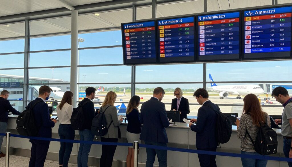 A modern airport terminal in Rome bustling with activity, showcasing various airlines’ logos displayed prominently. In the foreground, a diverse group of travelers dressed in professional business attire and modest casual clothing stand in line at a check-in counter, examining their flight tickets. The middle ground features a large digital departure board with flight schedules in bright electronic colors, while the background reveals a panoramic view of airplanes on the tarmac, set under a clear blue sky. Soft, natural lighting filters through the expansive glass windows, creating a bright and inviting atmosphere. The composition captures the essence of travel anticipation and excitement, highlighting the journey to explore Rome. A modern airport terminal in Rome bustling with activity, showcasing various airlines’ logos displayed prominently. In the foreground, a diverse group of travelers dressed in professional business attire and modest casual clothing stand in line at a check-in counter, examining their flight tickets. The middle ground features a large digital departure board with flight schedules in bright electronic colors, while the background reveals a panoramic view of airplanes on the tarmac, set under a clear blue sky. Soft, natural lighting filters through the expansive glass windows, creating a bright and inviting atmosphere. The composition captures the essence of travel anticipation and excitement, highlighting the journey to explore Rome.