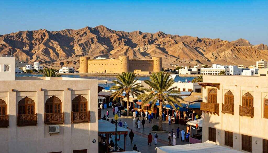A panoramic view of Muscat, the capital of Oman, showcasing its stunning architecture against a backdrop of rugged mountains. In the foreground, capture intricate details of traditional Arabian buildings with ornate balconies and bustling markets. In the middle ground, depict people dressed in modest casual attire, enjoying the vibrant atmosphere, with palm trees swaying gently in the warm sun. The background features the striking Al Jalali and Al Mirani forts overlooking the harbor, bathed in golden sunlight. Emphasize a bright, clear blue sky, reflecting the warm, arid climate of northern Oman. Use a wide-angle lens to create depth, conveying a lively and inviting atmosphere perfect for exploration.